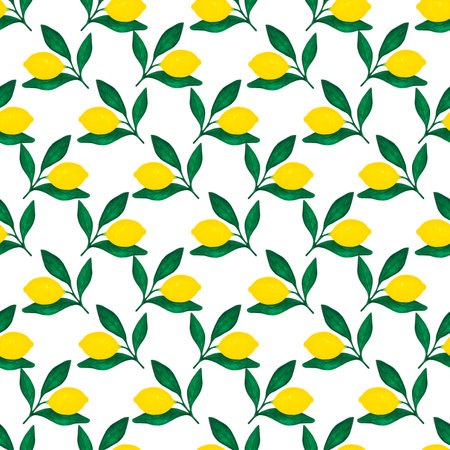 Hand drawn watercolor lemon with green leaves seamless pattern on white background. Scrapbook, post card, textile, fabricの写真素材