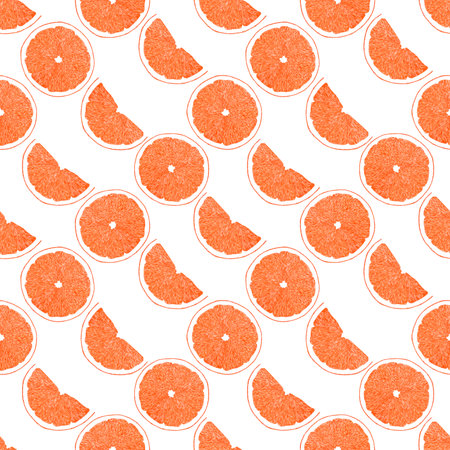 Hand drawn watercolor orange slices seamless pattern on white background. Scrapbook, post card, textile, fabricの写真素材
