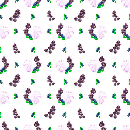 Hand drawn watercolor blueberry, marshmallow and black currants seamless pattern. Gift-wrapping, banner, textile, fabric, wallpaperの写真素材