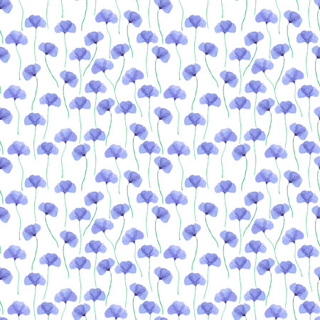 Hand drawn watercolor blue abstract flower seamless pattern on white background. Gift-wrapping, textile, fabric, wallpaperの写真素材