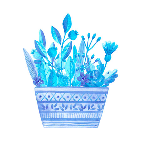 Hand drawn watercolor blue flowers and leaves bouquet in a basket. isolated on white. Can be used for cards, patterns, invitations, labelsの写真素材