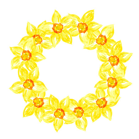 Hand drawn watercolor yellow daffodil wreath on white background. Scrapbook, post card, wedding invitation, albumの写真素材