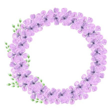 Purple abstract cherry blossom wreath. Hand drawn watercolor isolated on white background. Can be used for cards, patterns, labelsの写真素材