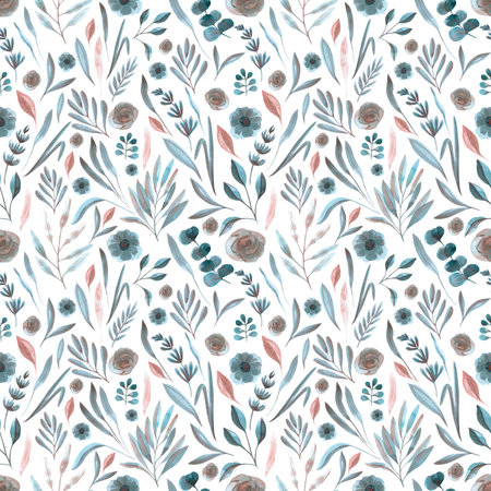 Hand drawn watercolor grey, blue and copper flowers and leaves seamless pattern. isolated on white. Can be used for gift-wrapping, patterns, textile, fabricの写真素材