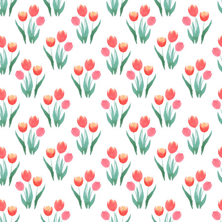 Hand drawn watercolor orange tulips seamless pattern on white background. Can be used for fabric, textile, gift-wrappingの写真素材