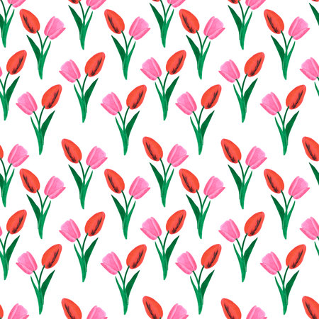 Hand drawn watercolor pink and red tulips seamless pattern on white background. Can be used for fabric, textile, gift-wrappingの写真素材