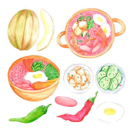 Hand drawn watercolor korean food set isolated on white background. Can be used for label, banner, post card and other printed productsの写真素材