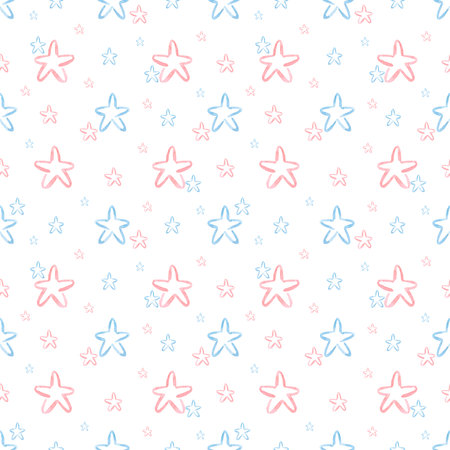 Hand drawn watercolor blue and pink stars seamless pattern isolated on white background. Can be used for textile, fabric, gift-wrapping and wallpaper designの写真素材