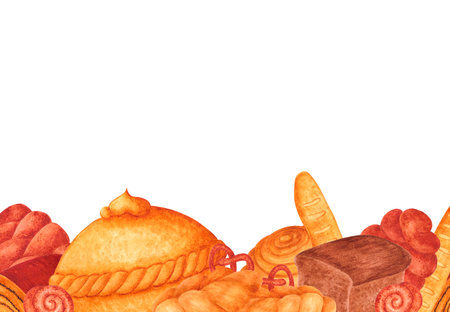 Hand drawn watercolor buns and bread frame boarder. isolated on white background. Can be used for Scrapbook design, cards, label, banner and any printed productsの写真素材