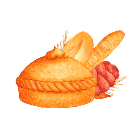 Hand drawn watercolor buns and bread composition. isolated on white background. Can be used for Scrapbook design, cards, label, banner and any printed productsの写真素材