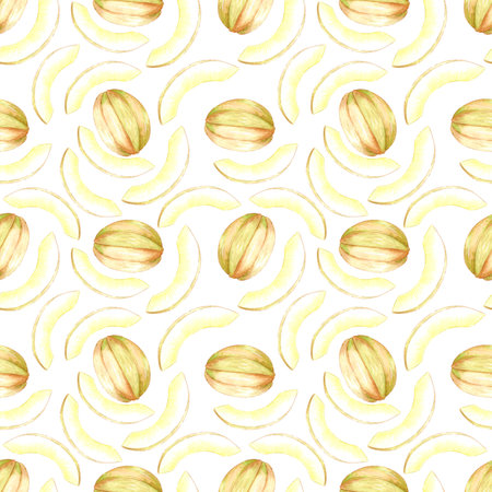 Hand drawn watercolor yellow melon seamless pattern isolated on white background. Can be used for textile, fabric and other printed productsの写真素材