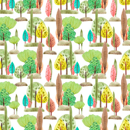 Hand drawn watercolor autumn forest seamless pattern isolated on white background. Can be used for children textile, wrapping paper, fabric and other products printedの写真素材