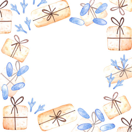 Hand drawn watercolor presents and footprints frame border. Fairy illustration isolated on white background. Can be used for label, postcard, album and other printed productsの写真素材