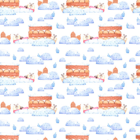 Hand drawn watercolor winter seamless pattern with firewood. Fairy illustration isolated on white background. Can be used for wallpaper, textile and other printed productsの写真素材