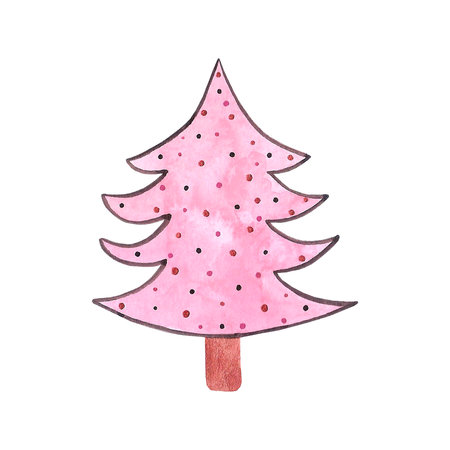 Hand drawn watercolor pink fir tree isolated on white background. Can be used for cards, label and other printed productsの写真素材