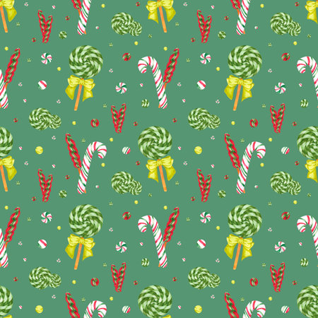 Hand drawn watercolor christmas candy cane and lollypop seamless pattern isolated on green background. Can be used for textile, fabric, wrapping and other printed productsの写真素材