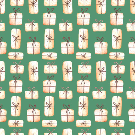Hand drawn watercolor gifts seamless pattern isolated on green background. Can be used for textile, fabric wrapping and other printed productsの写真素材