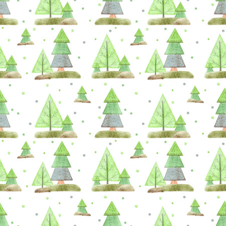 Hand drawn watercolor abstract fir tree seamless pattern isolated on white background. Can be used for children textile, gift-wrapping and other printed productsの写真素材