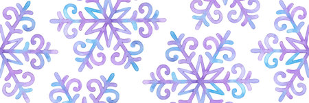 Hand drawn watercolor beautiful snow flakes seamless border isolated on white background. Can be used for textile, labels, banner and other printed productsの写真素材