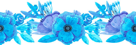 Hand drawn watercolor blue flowers and leaves seamless border isolated on white. Can be used for label, tape, decoration and other printed productsの写真素材