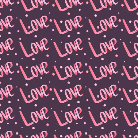 Hand drawn watercolor valentine seamless pattern with hearts and text isolated on white background. Can be used for textile, fabric, wrapping paper and other printed productsの写真素材