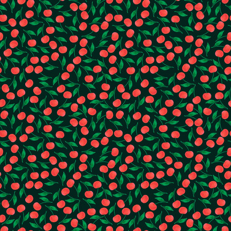 Hand drawn watercolor cherry seamless pattern isolated on dark background. Can be used for textile, fabric, wrapping and other printed productsの写真素材