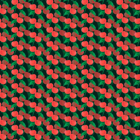 Hand drawn watercolor cherry seamless pattern isolated on dark background. Can be used for textile,...