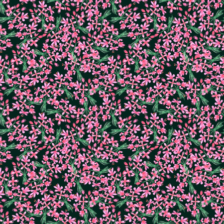 Hand drawn watercolor abstract pink daisy flowers bouquet seamless pattern isolated on dark background. Can be used for textile, fabric and other printed productsの写真素材