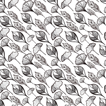 Hand drawn black pencil and marker leaves seamless pattern isolated on white background. Can be used for textile, fabric and other printed productsの写真素材