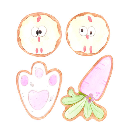 Hand drawn watercolor easter chick rabbit and carrot biscuits isolated on white background. Can be...
