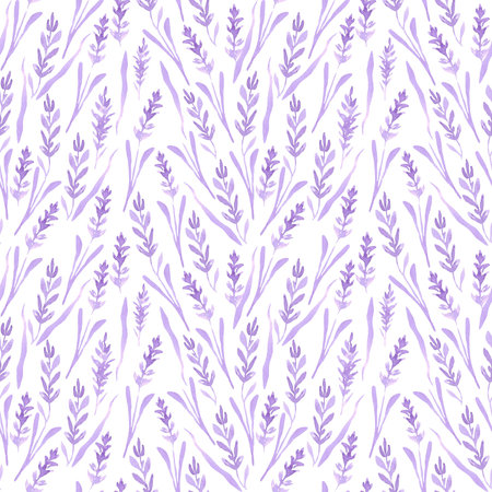 Hand drawn watercolor abstract lavender flower seamless pattern isolated on white background. Can be used for textile, fabric and other printed productsの写真素材