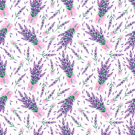 Hand drawn watercolor lavender bouquet with a bow seamless pattern isolated on white background. Can be used for textile, fabric and other printed productsの写真素材