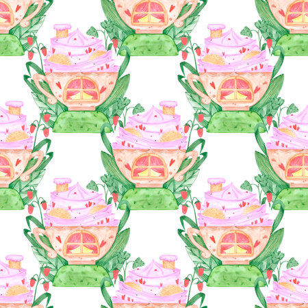 Hand drawn watercolor sweet spring cup house with marshmallow seamless pattern isolated on white background. Can be used for textile, scrapbook and other printed productsの写真素材