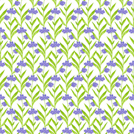 Hand drawn watercolor purple Hortense wildflowers seamless pattern isolated on white background. Can be used for fabric, wrapping, textile and other printed productsの写真素材