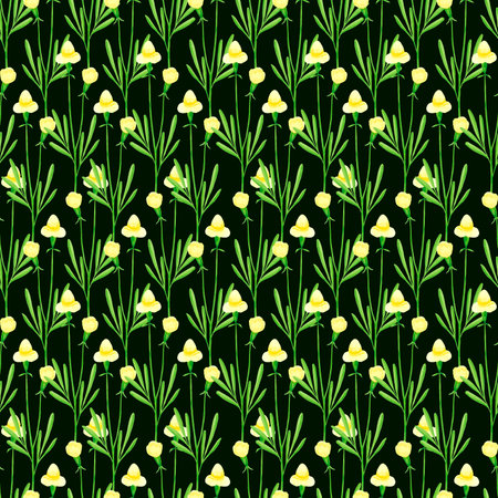 Hand drawn watercolor yellow wildflowers seamless pattern isolated on dark background. Can be used for fabric, wrapping, textile and other printed productsの写真素材