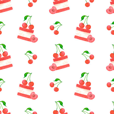 Hand drawn watercolor cheesecake with ripe cherries seamless pattern isolated on white background. Can be used for textile, fabric, scrapbook and other printed productsの写真素材