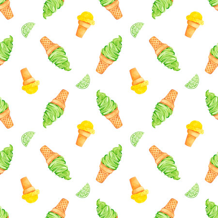Hand drawn watercolor ice-cream cone with lemon seamless pattern isolated on white background. Can be used for textile, fabric, wrapping and other printed productsの写真素材
