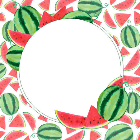 Hand drawn watercolor watermelon with slices frame border isolated on white background. Can be used...