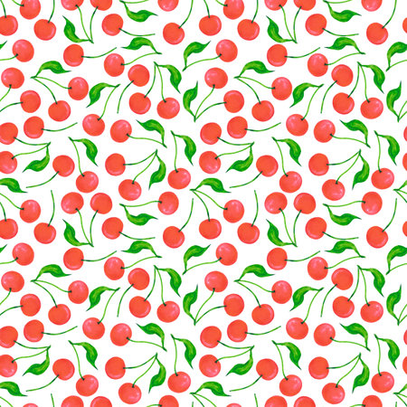Hand drawn watercolor ripe cherries with green leaves seamless pattern isolated on white background. Can be used for textile, fabric, scrapbook and other printed productsの写真素材