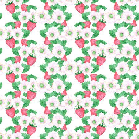 Hand drawn watercolor ripe strawberry with green leaves and blossom seamless pattern isolated on...