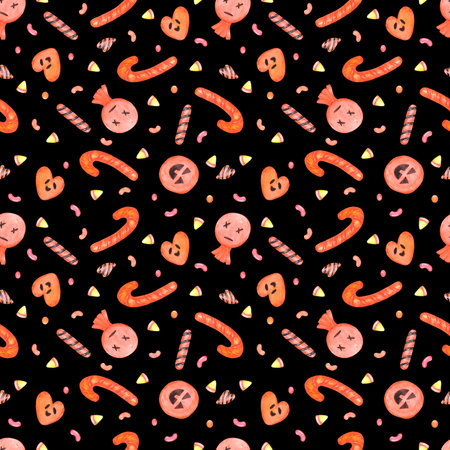 Hand drawn watercolor Halloween treats seamless pattern isolated on dark background. Can be used for textile, fabric, scrapbook and other printed productsの写真素材