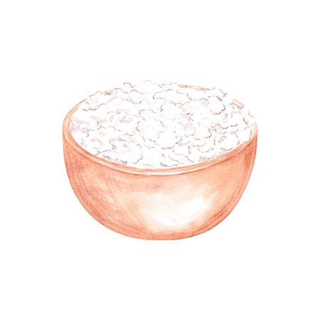 Hand drawn watercolor cottage cheese in a bowl isolated on white background. Can be used for postcard, label, scrapbook and other printed productsの写真素材