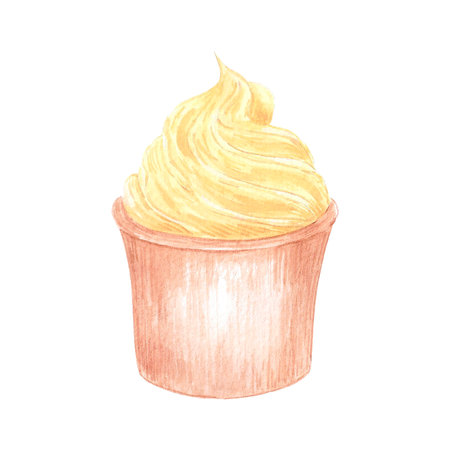 Hand drawn watercolor sour cream in a cup isolated on white background. Can be used for postcard, label, scrapbook and other printed productsの写真素材