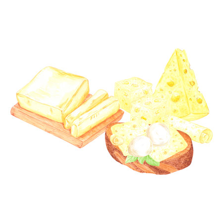 Hand drawn watercolor butter and sandwich with butter composition isolated on white background. Can...