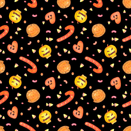 Hand drawn watercolor Halloween treats seamless pattern isolated on dark background. Can be used for textile, fabric, scrapbook and other printed productsの写真素材