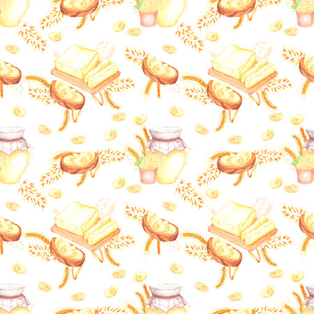 Hand drawn watercolor jar of ghee butter and sandwiches with butter and spikes seamless pattern isolated on white background. Can be used for textile, fabric, scrapbook and other printed productsの写真素材