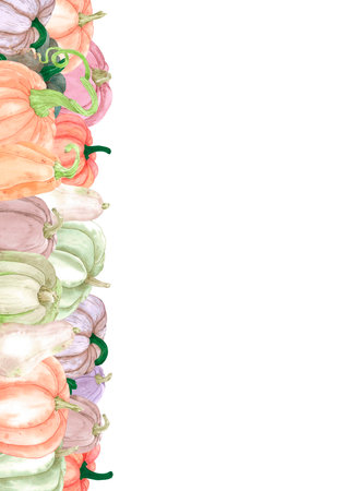 Hand drawn watercolor autumn pumpkins frame border isolated on white background. Rural illustration Can be used for postcard, label, scrapbook and other printed productsの写真素材