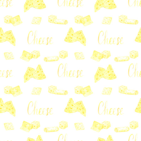 Hand drawn watercolor piece slice cube of cheese with a sign cheese seamless pattern isolated on white background. Can be used for textile, fabric, scrapbook and other printed productsの写真素材