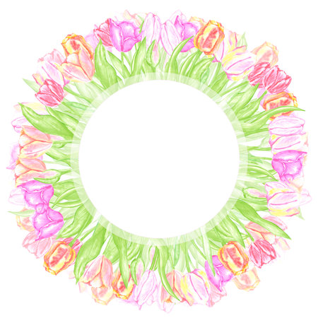 Hand drawn watercolor colorful tulips with green leaves wreath. Illustration of flowers isolated on white background. Can be used for postcard, invitation, album and other printed productsの写真素材