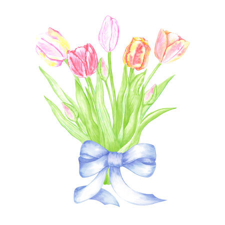 Hand drawn watercolor tulips bouquet with blue bow. Illustration of flowers isolated on white background. Can be used for postcard, label, scrapbook and other printed productsの写真素材